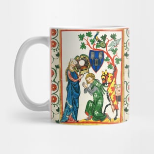 KNIGHT BEING ARMED BY HIS LADY ,MEDIEVAL MINIATURE WITH WILD ROSES Mug